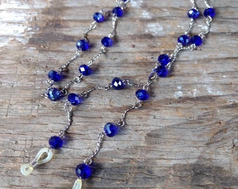 SALE: COBALT BLUE Flash Beads, Czech Glass Beads, Linked Silver Wire Eyeglass Chain