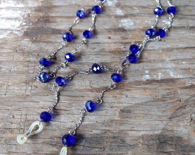 SALE: COBALT BLUE Flash Beads, Czech Glass Beads, Linked Silver Wire Eyeglass Chain