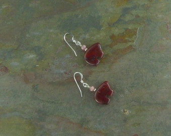 Bear Fetish Zuni Gemstone Earrings Sterling Silver Brecciated Jasper & Rhodocrosite