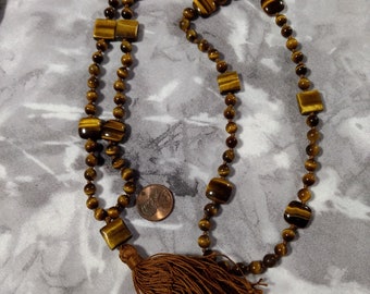 MALA: TIGER EYE Tigereye (Brown)  Natural Gemstone Silk Tassel Necklace 108 count