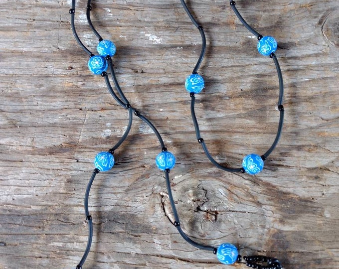 SALE: BLUE & BLACK, Fimo Polymer Clay and Glass Beads Eyeglass Chain