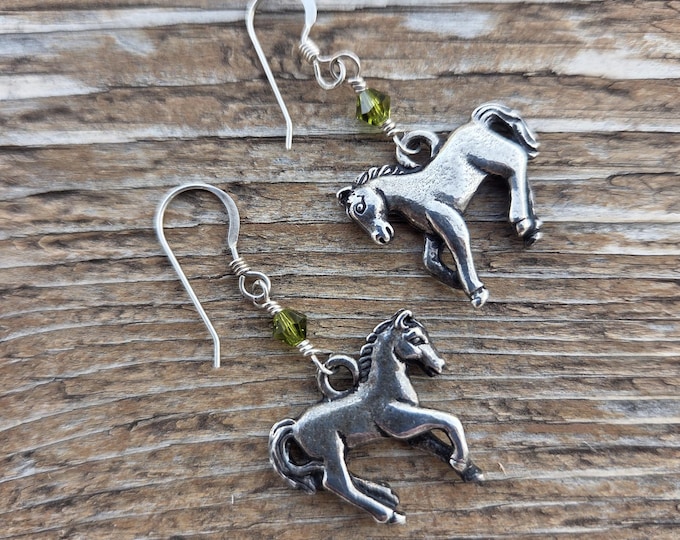 Prancing Pony Horse Cowgirl w/ Swarovski Cyrstal Sterling Silver Earrings