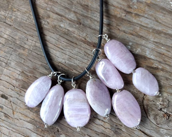 LOVELY KUNZITE Natural Bead Pendant w/Sterling Silver on Rubber Cord Necklace