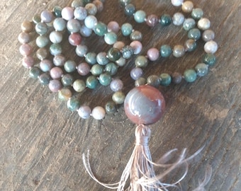 MALA: FANCY JASPER Beads Silk Tassel Necklace 108 Count Plus Guru Bead