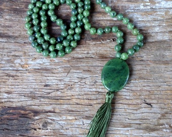 MALA: JADE (British Columbia) 108 Count Plus Guru Bead Silk Tassel Necklace