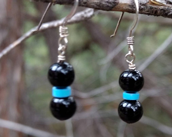 BLACK ONYX & Arizona TURQUOISE Gemstone Earrings Sterling Silver Natural Stone