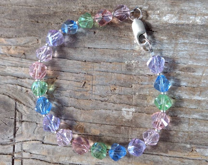 SALE: Rainbow Chakra Swarovski Crystal (Pastel) Colorful Bracelet Sterling Silver