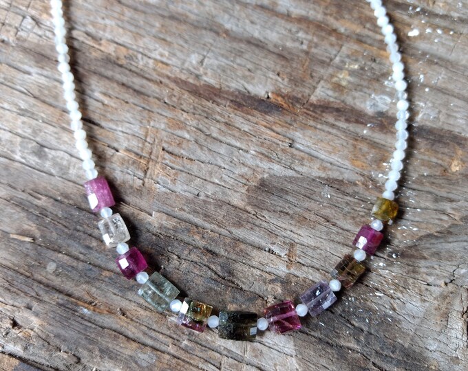 Watermelon Tourmaline & Rainbow Moonstone Necklace All Natural Semi-Precious Stones Healing Metaphysical