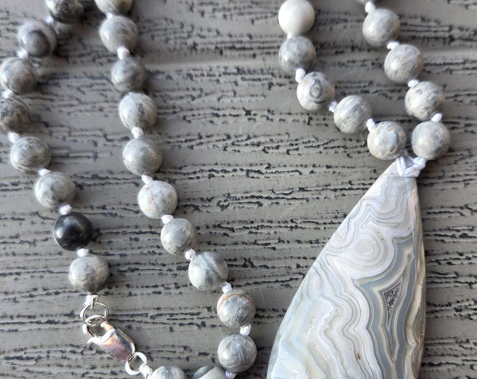 MAP JASPER (Grey Crazy Lace) Large Pendant Necklace All Natural Semi-Precious Stones Healing Metaphysical