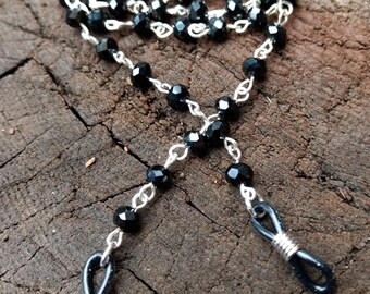 BLACK Czech Glass Beads, Linked Silver Wire Eyeglass Chain