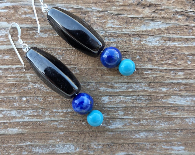 TURQUOISE LAPIS LAZULI Jet Gemstone Earrings Sterling Silver Natural Stone