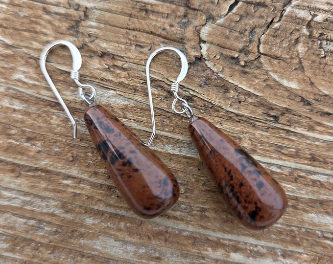 MAHOGANY OBSIDIAN TEARDROPS Gemstone Earrings Sterling Silver Natural Stone