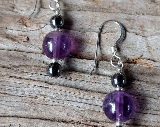 Amethyst & Hematite Gemstone Earrings Sterling Silver Natural Stone