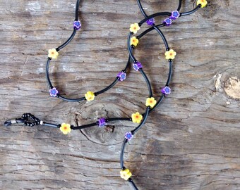 SALE: Pretty PURPLE & YELLOW Flowers Spring Fimo Polymer Clay and Glass Beads Eyeglass Chain