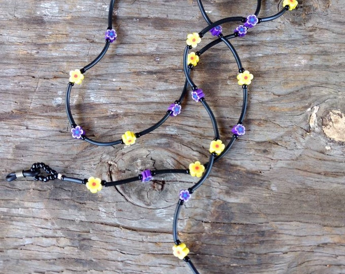 SALE: Pretty PURPLE & YELLOW Flowers Spring Fimo Polymer Clay and Glass Beads Eyeglass Chain