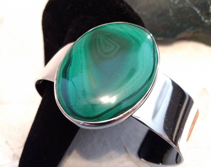 MALACHITE Stone STATEMENT Cuff BRACELET Sterling Silver Wide Band Wow!