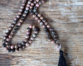 MALA: Rhodonite Beads Silk Tassel Necklace 108 Count Plus Guru Bead