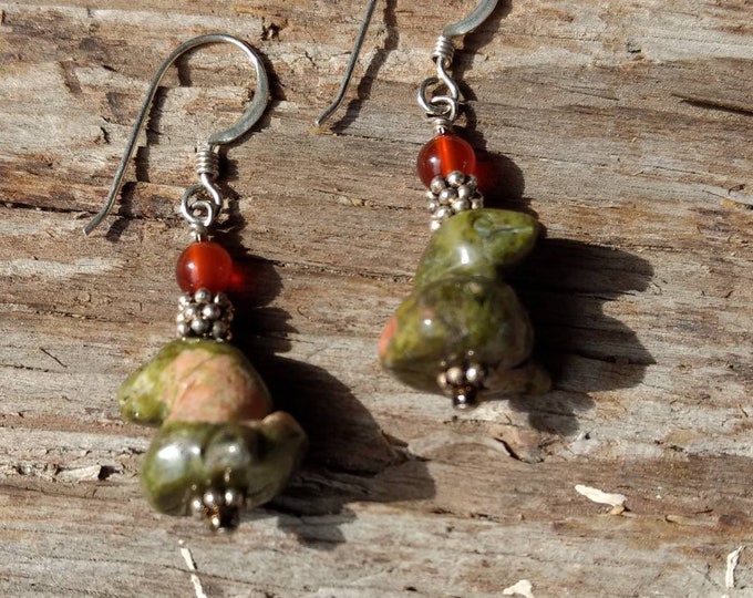 Snake Fetish Zuni Gemstone Earrings Sterling Silver Unakite & Carnelian