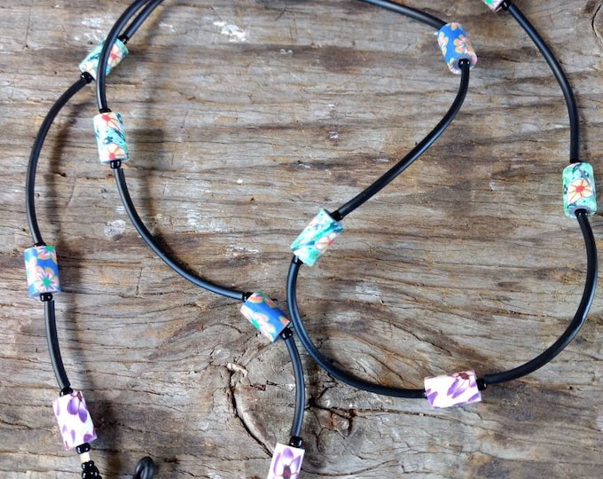 SALE: Whimsical MULTI-COLORED Fimo Polymer Clay, Glass Beads, Rubber Tubing Eyeglass Chain