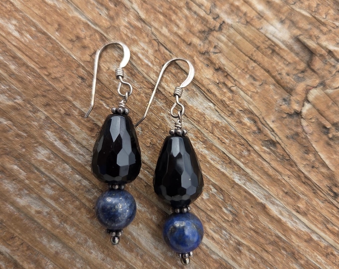 Lapis Lazuli Black Onyx Gemstone Earrings Sterling Silver Natural Stone