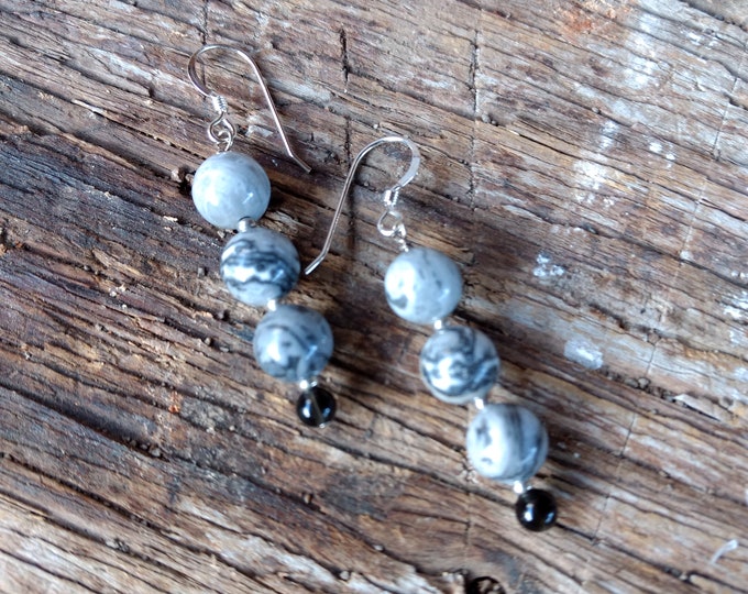 Grey Crazy Lace Agate, Obsidian Gemstone Earrings Sterling Silver Natural Stone