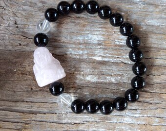 BLACK ONYX w/ Rock Quartz & ROSE Quartz Buddha Chakra Stretch Bracelet All Natural Semi-Precious Stones Healing Metaphysical