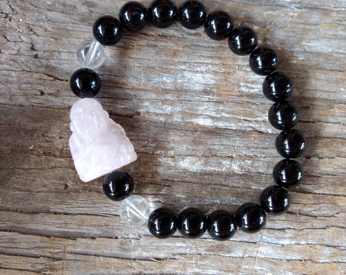 BLACK ONYX w/ Rock Quartz & ROSE Quartz Buddha Chakra Stretch Bracelet All Natural Semi-Precious Stones Healing Metaphysical