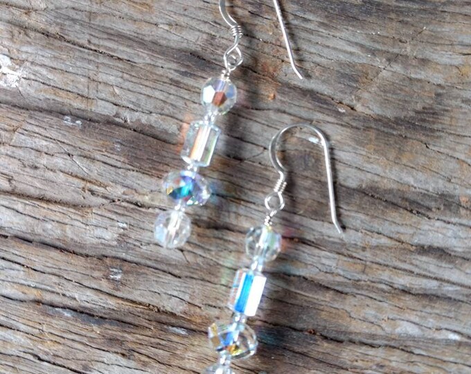 Clear Aurora Borealis Swarovski Crystal Clear AB Colorful Wedding Prom Sterling Earrings