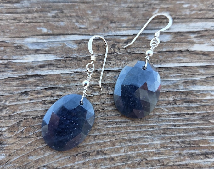 SAPPHIRE Slice Faceted Rough Sapphire Gemstone Earrings Sterling Silver Natural Stone