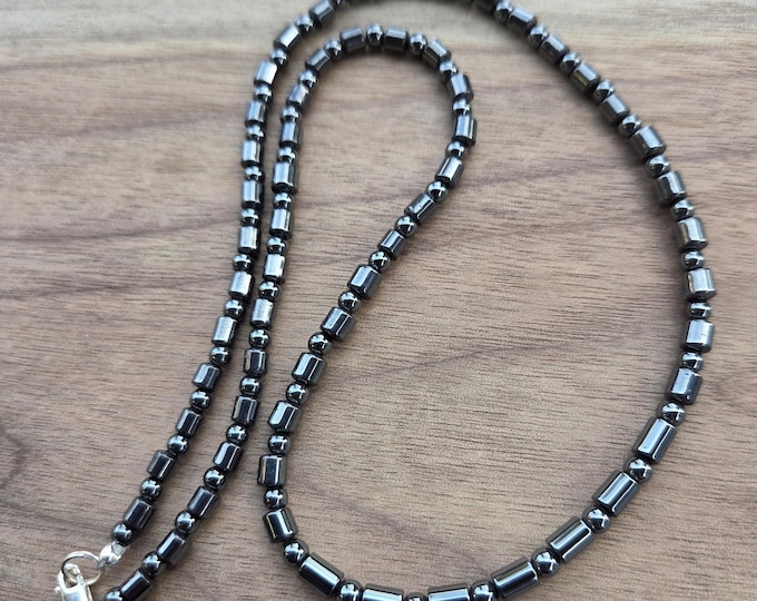 Hematite Barrel & Round Beads, Sterling Silver Necklace