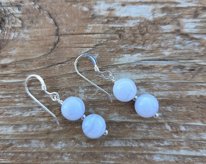 Blue Lace Agate Faceted Gemstone Earrings Sterling Silver Natural Stone