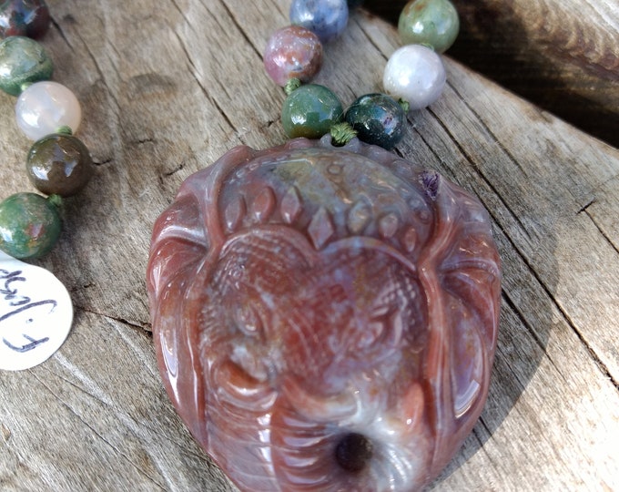 CARVED GANESH Ganesha Fancy Jasper Natural Gemstone Sterling Silver Necklace