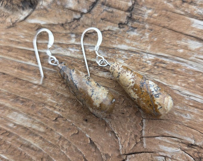 PICTURE JASPER TEARDROPS Gemstone Earrings Sterling Silver Natural Stone
