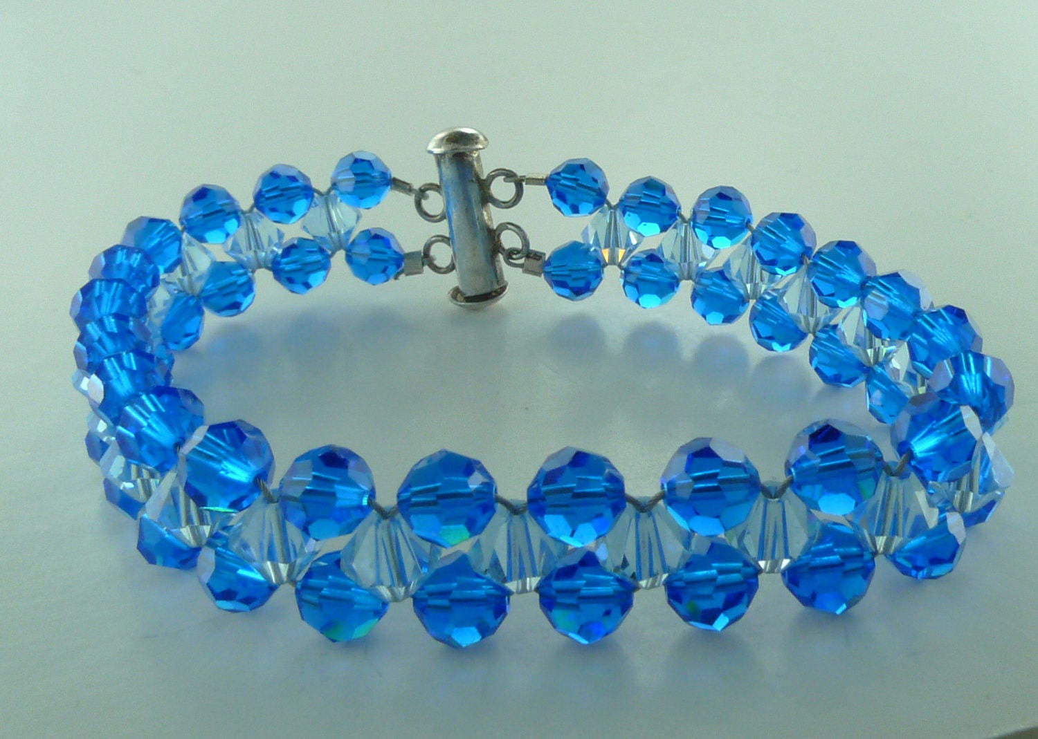 Mermaid Bracelet ~ Blue Aquamarine Round Beads and Swarovski Crystal Beads & Sterling Silver Bali Bead Accents