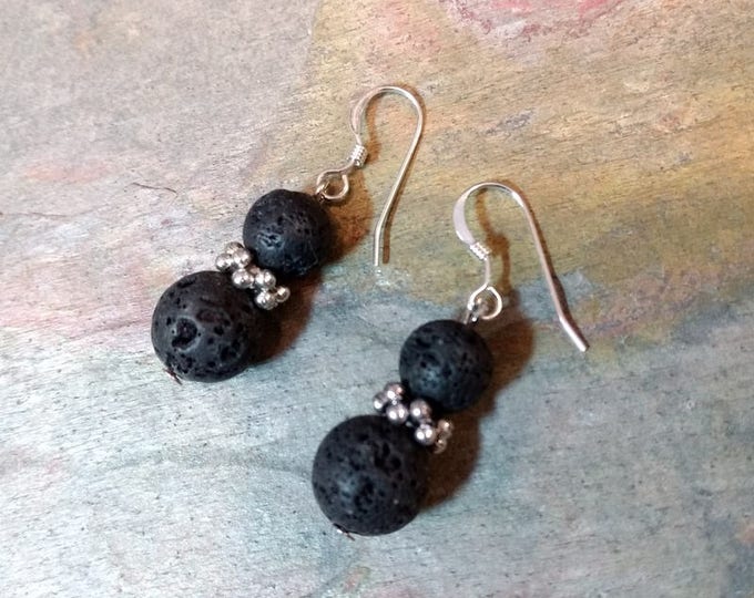 BLACK LAVA STONE Gemstone Earrings Sterling Silver Natural Stone