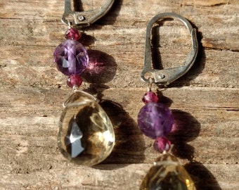 SMOKY QUARTZ FACETED Drops w/ Amethyst & Garnet Gemstone Earrings Sterling Silver Natural Stone