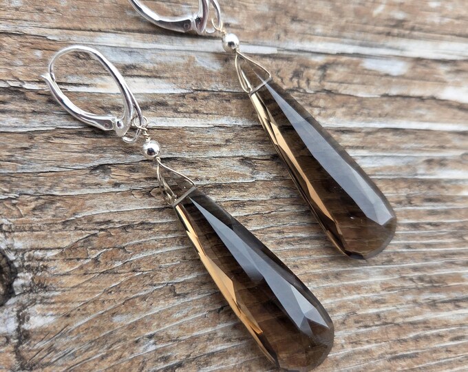 SMOKY QUARTZ ~ WoW! Long Faceted Teardrops Gemstone Earrings Sterling Silver Natural Stone