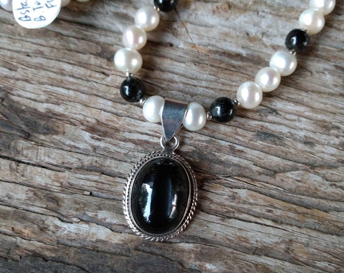 BLACK TOURMALINE & DIOPSIDE w/ Freshwater Pearl Necklace All Natural Semi-Precious Stones Sterling Silver