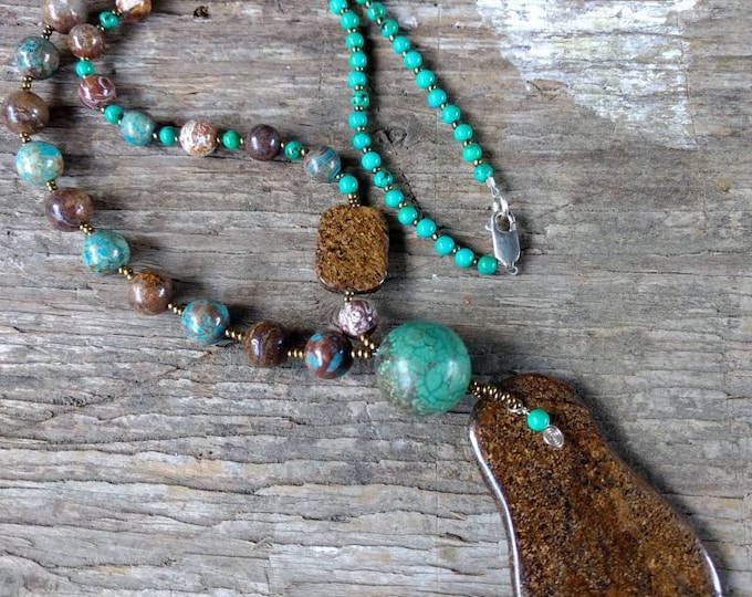 Bronzite, Blue Sky Jasper, Turquoise Asymmetrical Chakra Necklace All Natural Semi-Precious Stones Healing Metaphysical