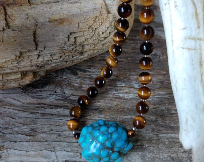 Sleeping Beauty Turquoise & Tiger Eye Natural Gemstone Sterling Silver Necklace