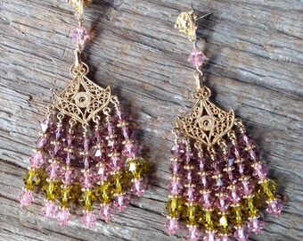 CHANDELIER EARRINGS: Pink Purple Green Swarovski Crystal Colorful Wedding Prom Vermeil (Gold Over Sterling Silver)