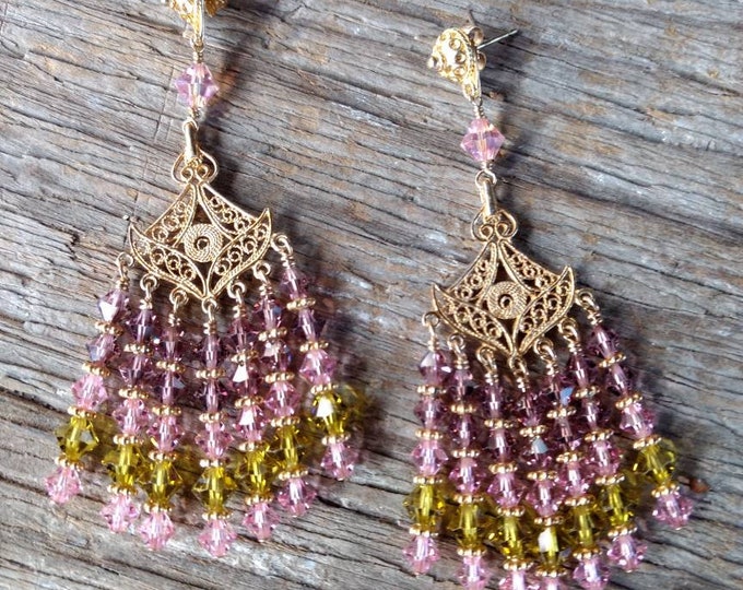 CHANDELIER EARRINGS: Pink Purple Green Swarovski Crystal Colorful Wedding Prom Vermeil (Gold Over Sterling Silver)