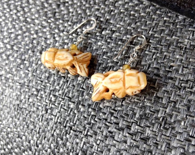 SALE: Fun FISH SWIMMING Carved Bone Golden Horn Sterling Silver Earrings