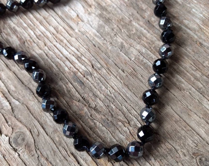 BLACK ONYX & HEMATITE (Faceted) Chakra Necklace All Natural Semi-Precious Stones Healing Metaphysical