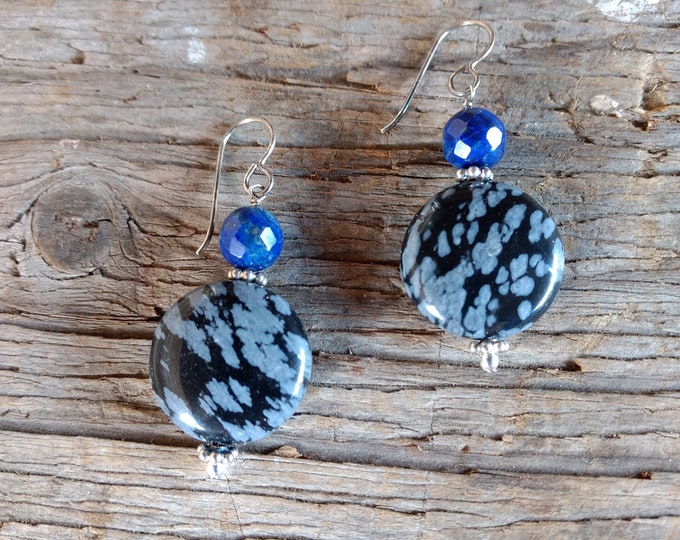 SNOWFLAKE OBSIDIAN & LAPIS Lazuli Gemstone Earrings Sterling Silver Natural Stone