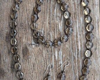 SET: Smoky Quartz Faceted Necklace Bracelet Earrings Natural Semi-Precious Stones Healing Metaphysical