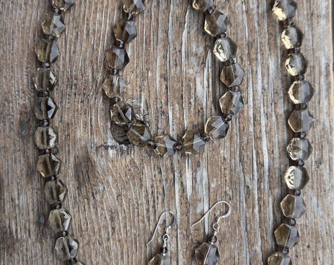 SET: Smoky Quartz Faceted Necklace Bracelet Earrings Natural Semi-Precious Stones Healing Metaphysical