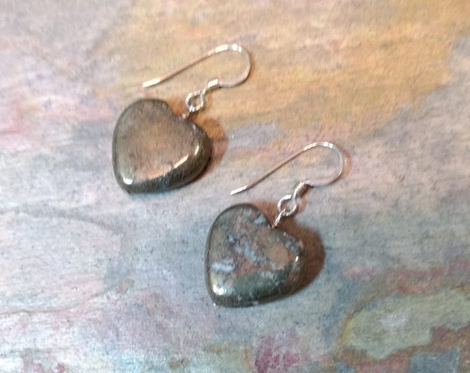 PYRITE HEART Gemstone Earrings Sterling Silver Natural Stone