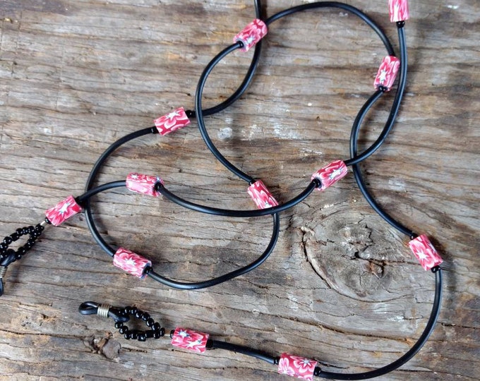 SALE: Whimsical RED PINK & White Fimo Polymer Clay, Glass Beads, Rubber Tubing Eyeglass Chain
