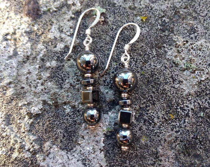 Hematite Gemstone Earrings Sterling Silver Natural Stone